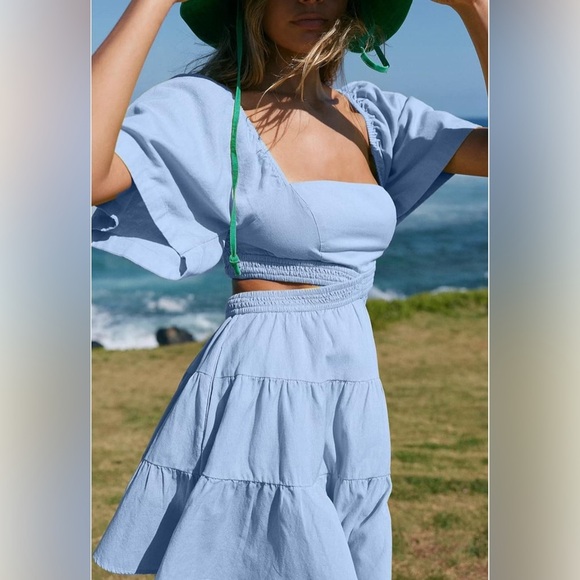 Shy Velvet Summer Dress Square Neck Short Sleeves Crossover Size Small Blue EUC - Picture 5 of 8